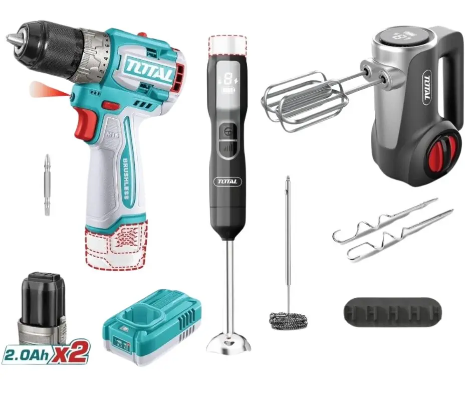 COMBO ATORNILLADOR 16V + LICUADORA DE MANO 16V + BATIDORA, CON 2 BATERÍAS Y CARGADOR