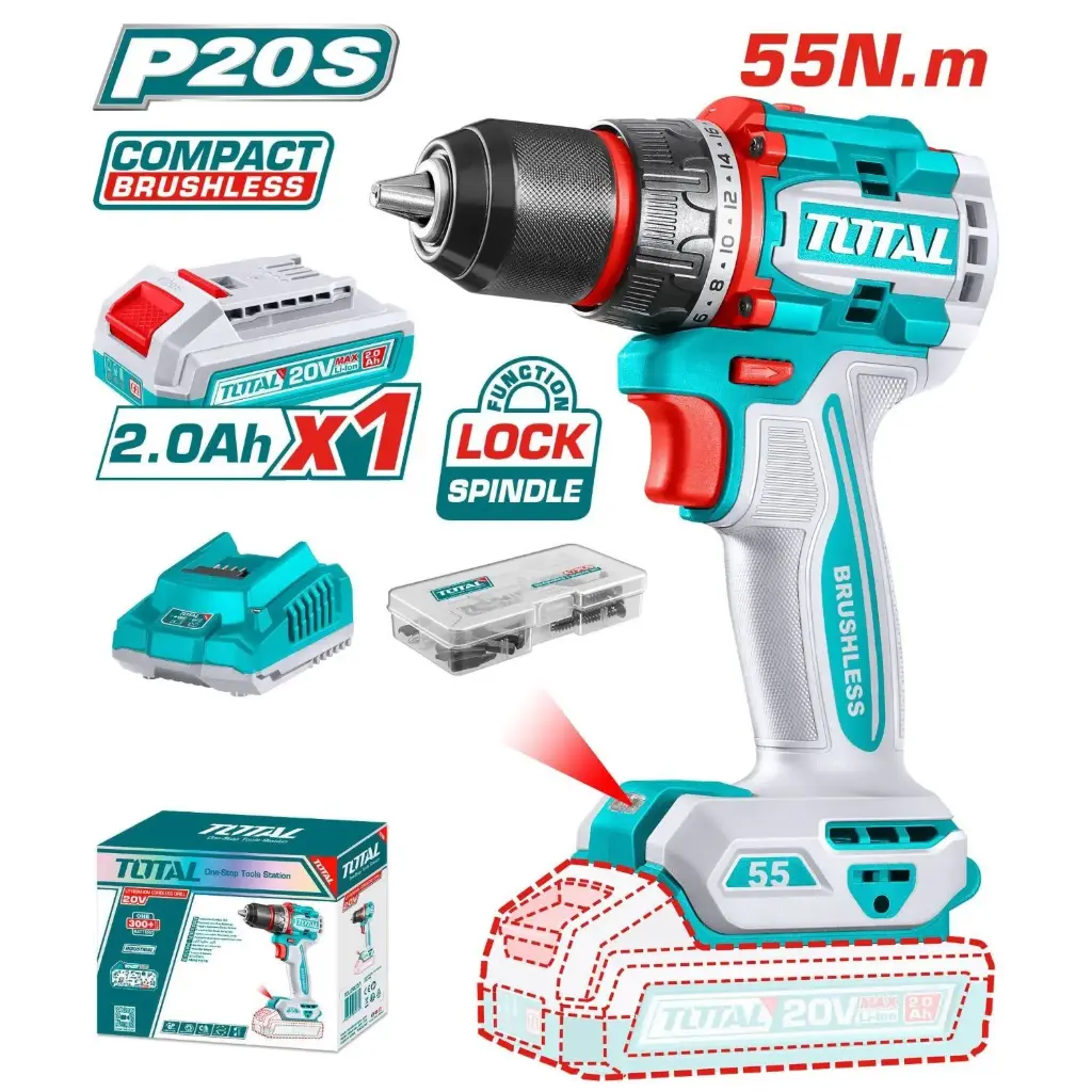 ATORNILLADOR BRUSHLESS 55N.M. 20V C/ CHUCK METÁLICO 13MM CON 1 BATERÍA