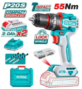 TALADRO ATORNILLADOR PERCUTOR BRUSHLESS 55NM + 2 BATERIAS DE 2 AMP + CARGADOR 20V C/ CHUCK METÁLICO 13MM TOTAL TIDLI20558