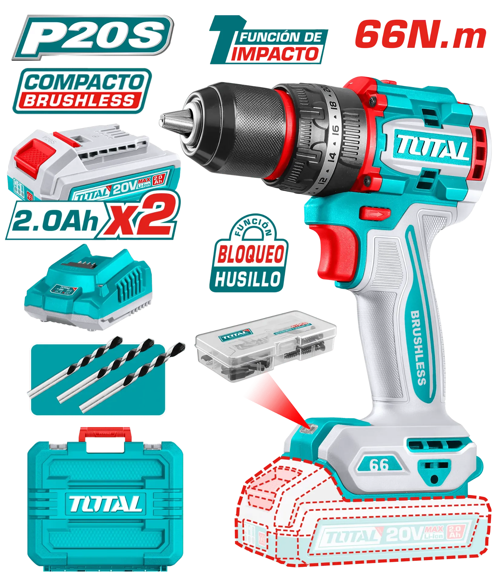 [TIDLI20668] TALADRO ATORNILLADOR PERCUTOR BRUSHLESS 66N. M. 20V C/ CHUCK METÁLICO 13MM BATERIA 2AHX2+CARGADOR 2AH-TIDLI20668-TOTAL