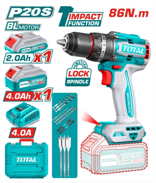 [TIDLI20868] TALADRO PERCUTOR LI-ION 20V 86NM 13MM 2.AH + 4.0AH BRUSHLESS +ACC MAL TOTAL- TIDLI20868