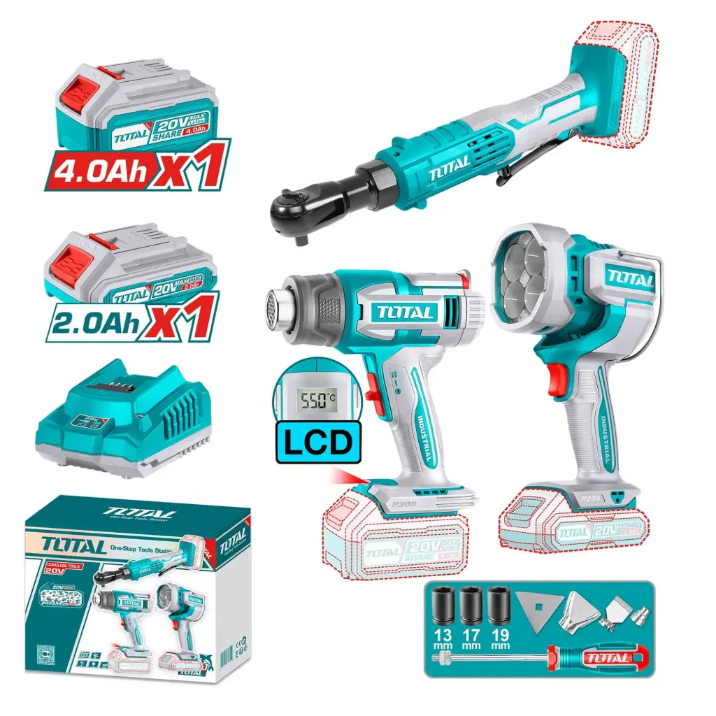 [TOSLI241196] MEGA COMBO CHICHARRA + PISTOLA DE CALOR DIGITAL + LÁMPARA 20V TOTAL