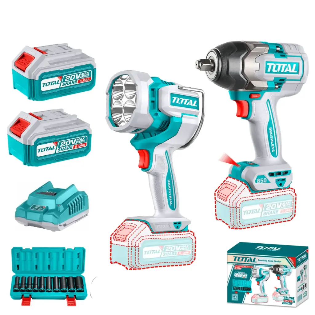 MEGA COMBO LLAVE DE IMPACTO 1/2" 800N.M. + LINTERNA DE TRABAJO 20V + DADOS DE IMPACTO