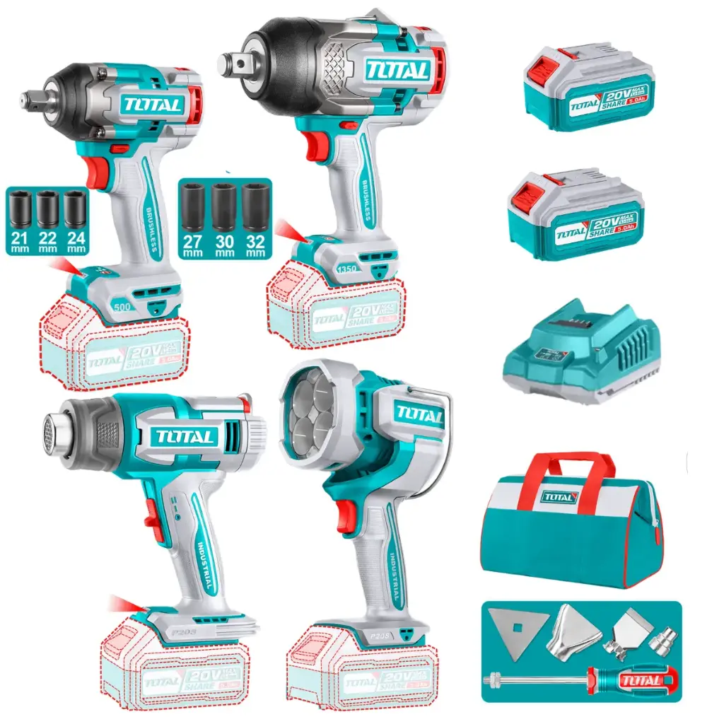 MEGA COMBO LLAVE DE IMPACTO 1350N.M. + LLAVE DE IMPACTO 500N.M. + PISTOLA DE CALOR + LÁMPARA 20V