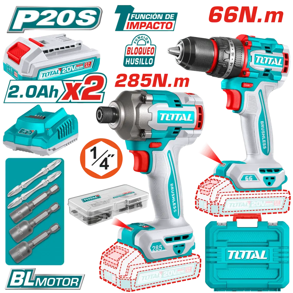 [TCKLI20277] COMBO 2 EN 1 TALADRO PERCUTOR 66 NM + ATORNILLADOR IMPACTO 285NM+2 BATERIAS 2AH+CARGADOR+MALETIN INDUSTRIAL  20V-TCKLI20277-TOTAL