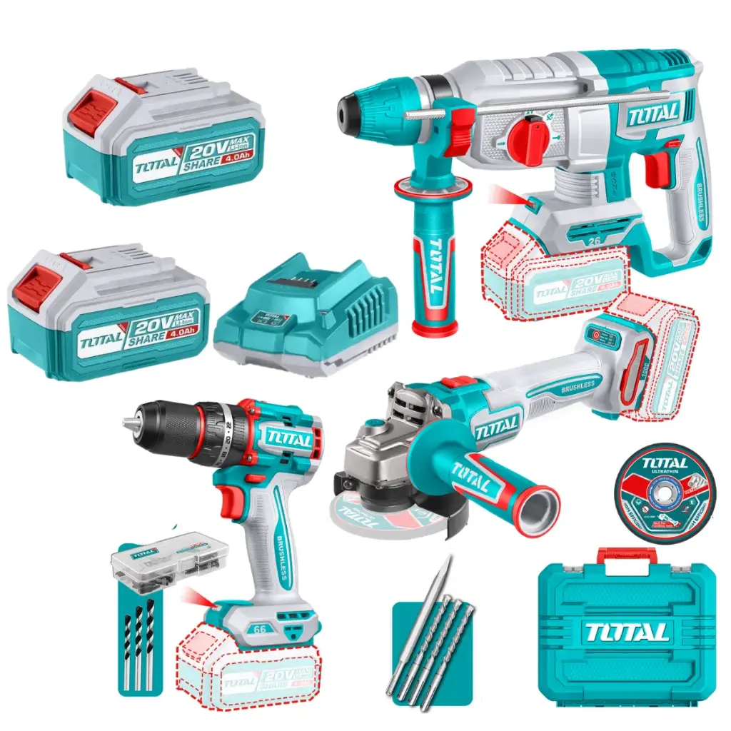 [TOSLI241198] MEGA COMBO INDUSTRIAL TALADRO + AMOLADORA + ROTOMARTILLO 2,5J  LIVIANO +  BATERIAS 4 AH + CARGADOR 20V EN MALETA