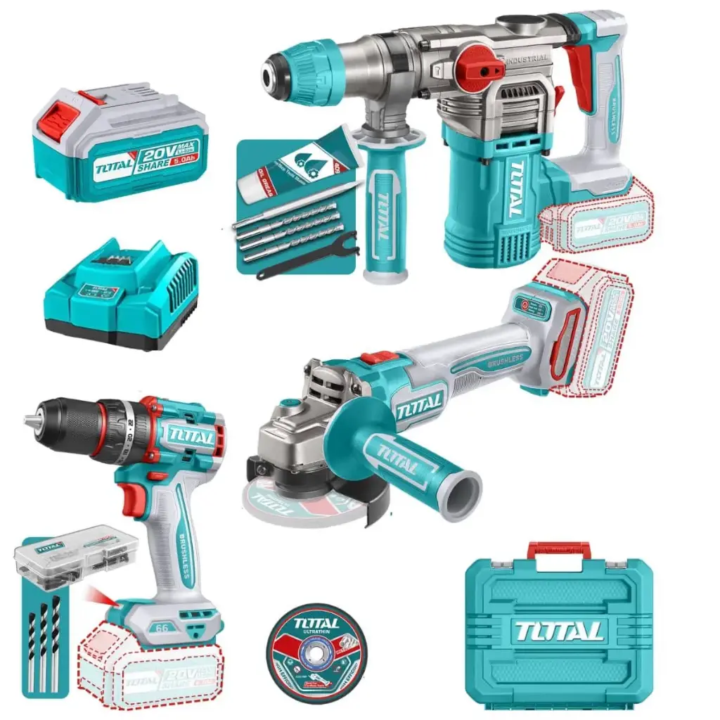 MEGA COMBO INDUSTRIAL TALADRO + AMOLADORA + ROTOMARTILLO 20V EN MALETA