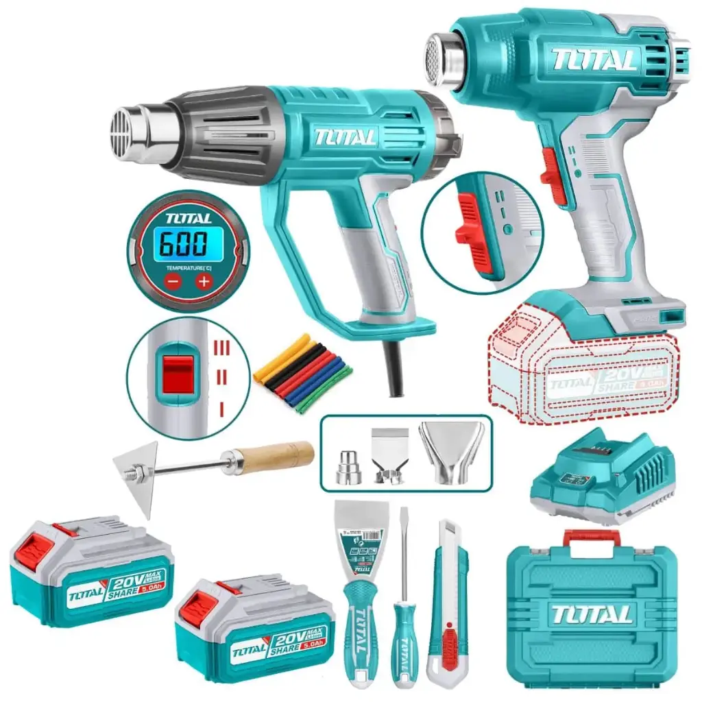 [TOSLI250801] MEGA COMBO DE PISTOLA DE CALOR DIGITAL + PISTOLA DE CALOR 20V CON 2 BATERÍAS DE 5AMP