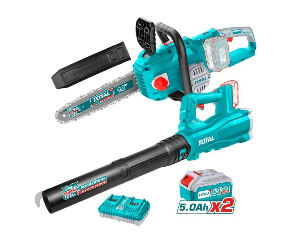 MEGA COMBO MOTOSIERRA 16" + SOPLADORA 20V, MÁS 2 BATERÍAS 5AMP Y CARGADOR