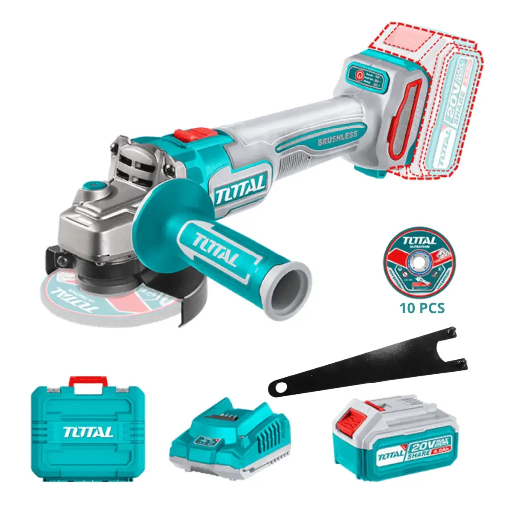 AMOLADORA BL 20V CON BOTÓN SEGURIDAD, 1 BAT 4 AMP Y CARGADOR, MALETA