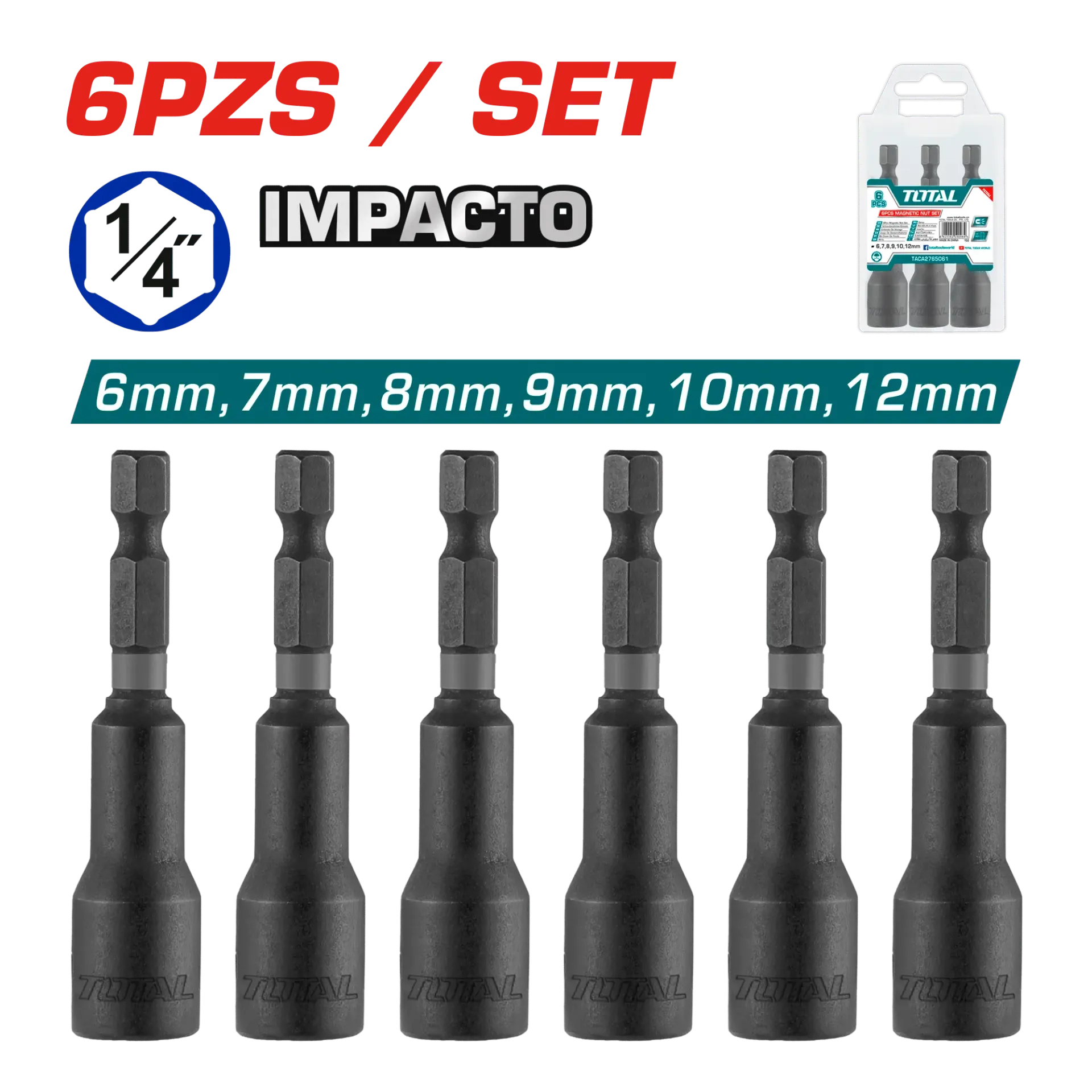 SET DADOS MAGNÉTICO 1/4” HEX 6-12MM X65MM 6PZS-TAC2765061-TOTAL