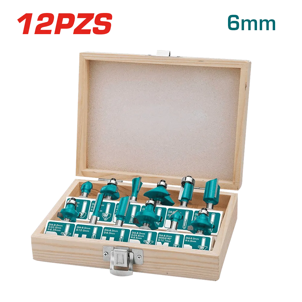 [TACSR0121] JUEGO X 12PCS CUCHILLA FRESAS PARA RUTEADORA 6MM/CAJA DE MADERA-TACSR0121-TOTAL