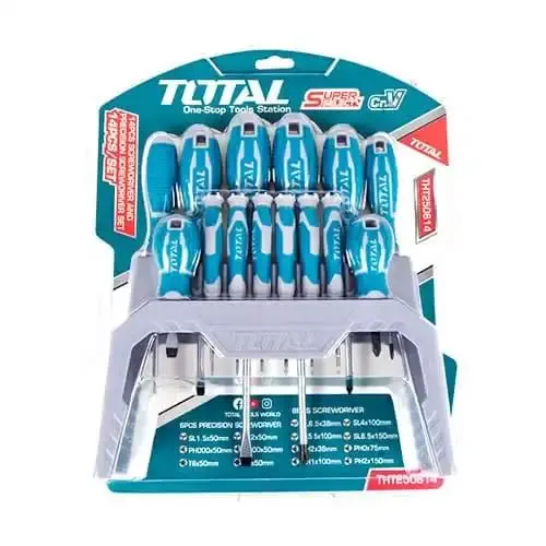 JGO DESARMADOR PESADO 14PCS CR.V 4XSL+4PH+6PRECISION 38/75/100/150MM MAG.+SOPORTE-THT250614-TOTAL
