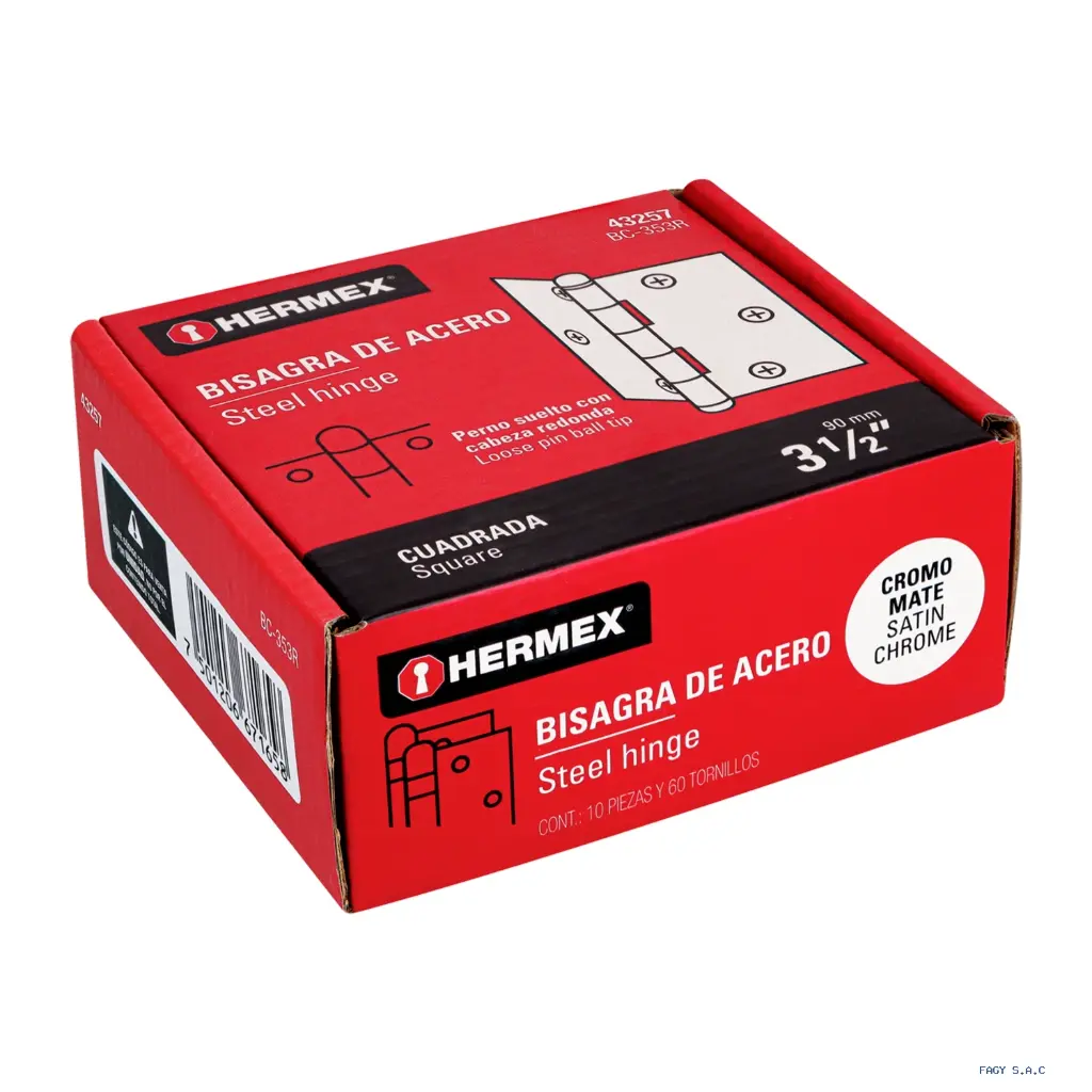 [43257] BISAGRA CUADRADA 3-1/2", SATINADO, CABEZA REDONDA, HERMEX