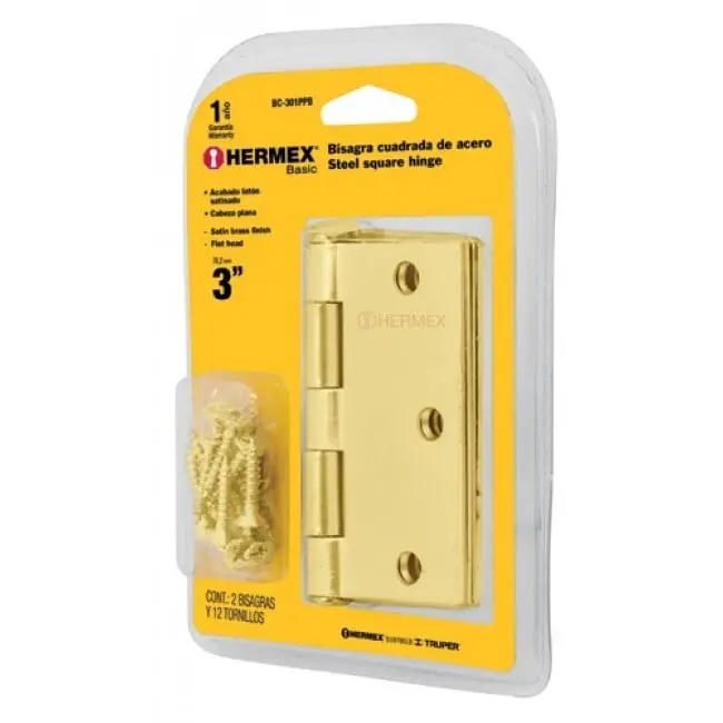 BOLSA C/2 BISAGRAS CUADRADAS 3", LATONADO, HERMEX BASIC