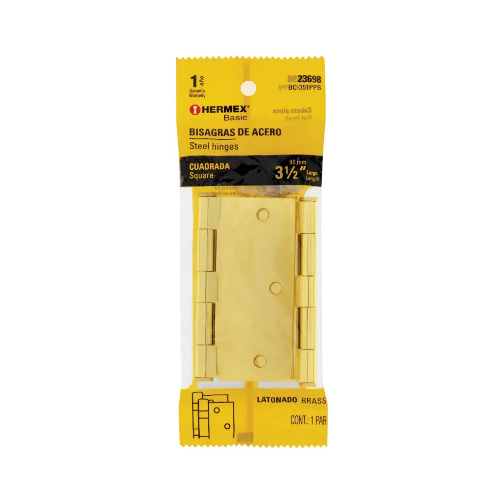 [23698] BOLSA C/2 BISAGRAS CUADRADAS 3-1/2",LATONADO, HERMEX BASIC
