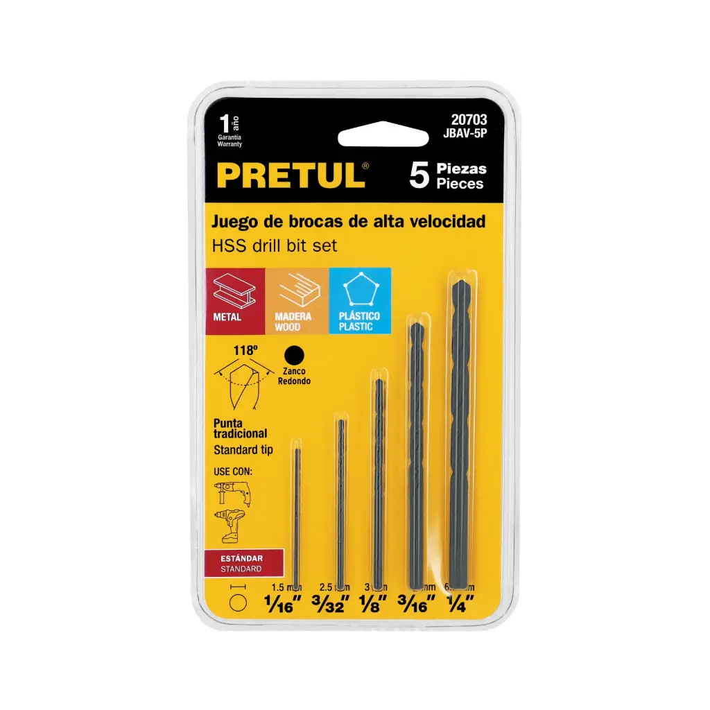 JUEGO DE 5 BROCAS PARA METAL HSS PRETUL