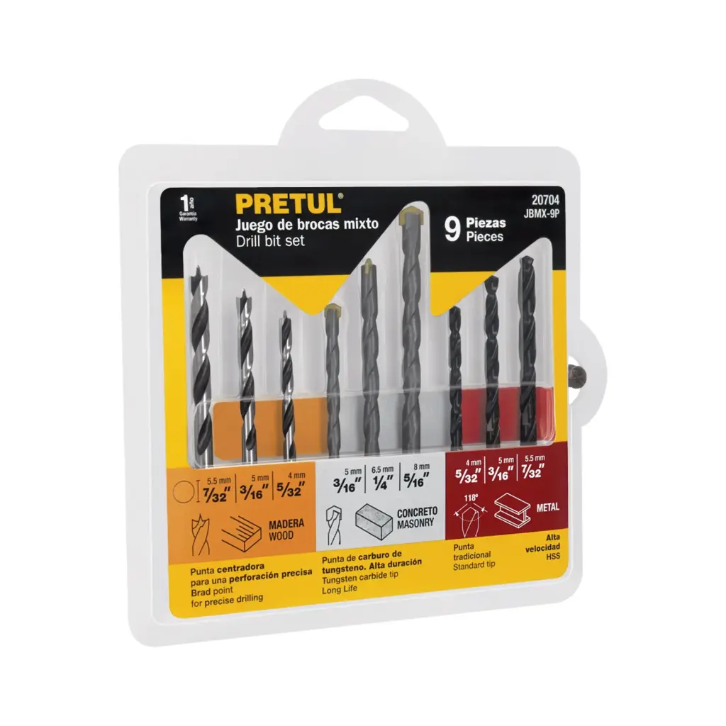 JUEGO DE 9 BROCAS PARA METAL, CONCRETO Y MADERA PRETUL