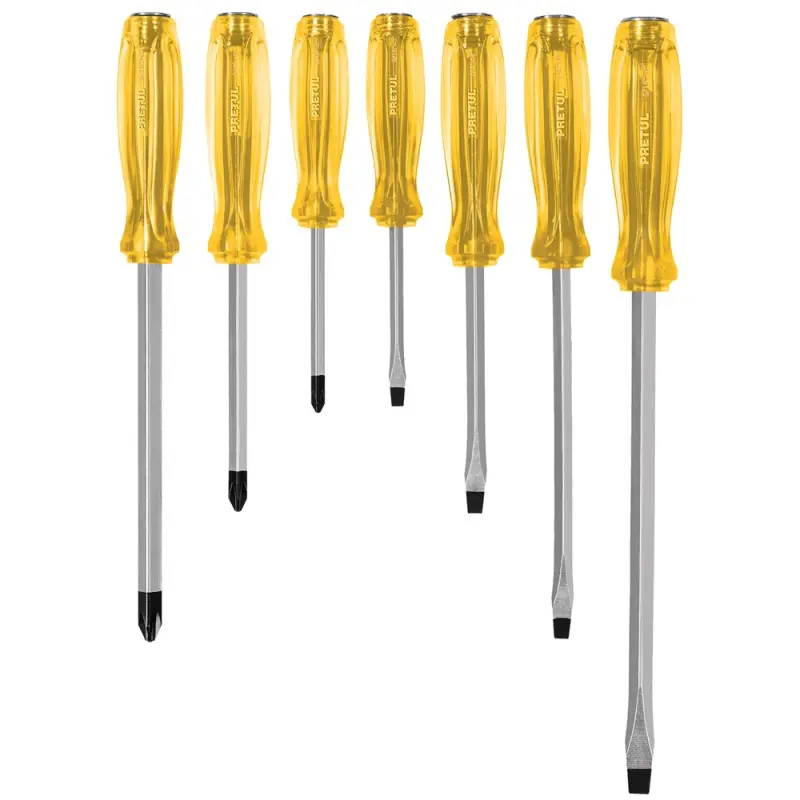 [21378] JUEGO DE 7 DESARMADORES DE GOLPE, MANGO AMBAR DE PVC, PRETUL