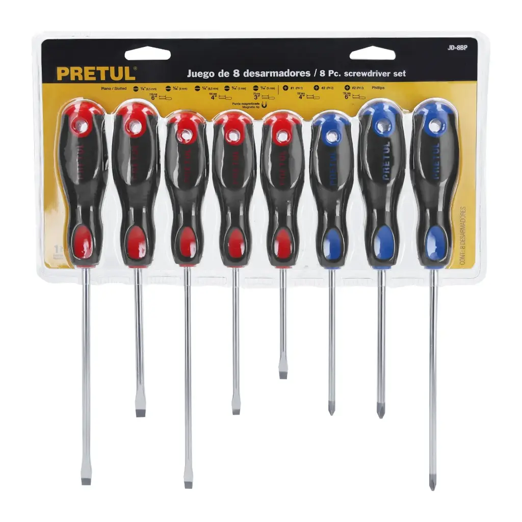 JUEGO DE 8 DESARMADORES , MANGO CONFORT GRIP, PRETUL