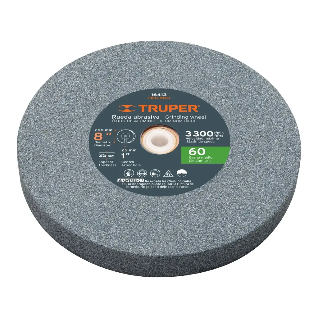 RUEDA ABRASIVA PIEDRA PARA ESMERIL 8"x25mm ÓXIDO ALUMINIO, GRANO 60-16412-TRUPER