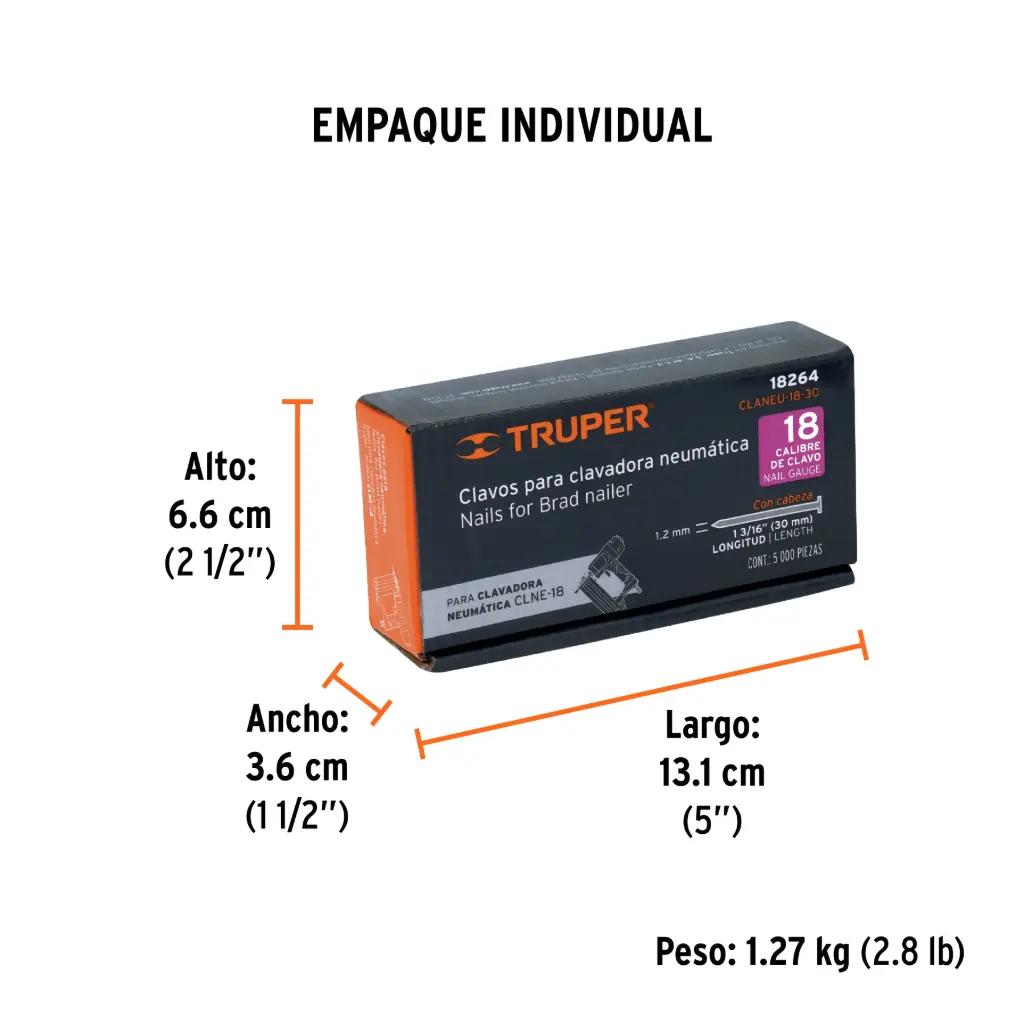 [18264] CLAVOS CALIBRE 18 LARGO 1.3/16"(30MM) TRUPER CAJA X 5000PZ