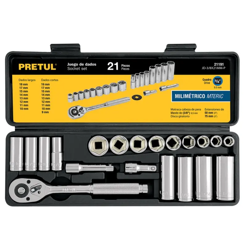JUEGO DE 21 PIEZAS ,MM, 3/8 PRETUL