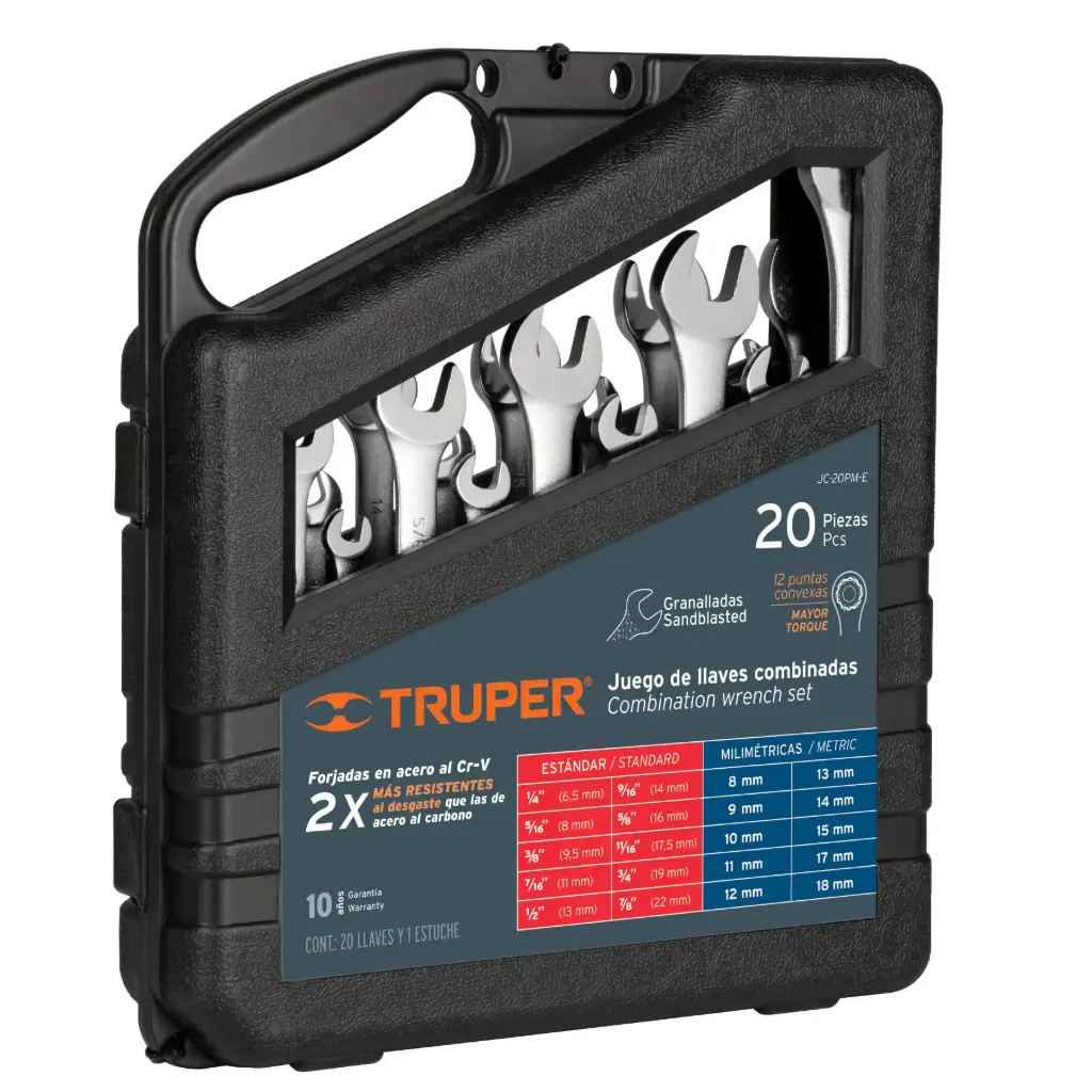 [15798] JUEGO DE 20 LLAVES MIXTAS GRANALLADAS , PULGADAS Y MM TRUPER