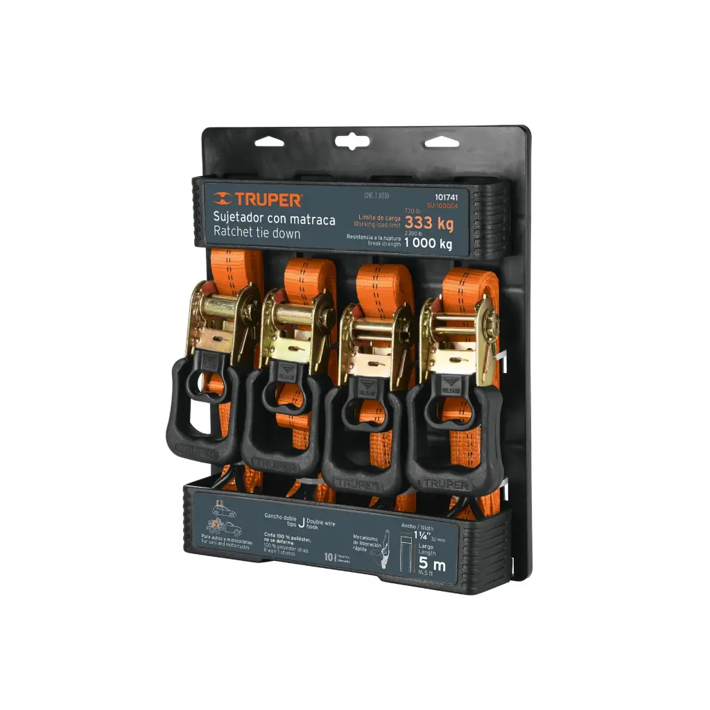 [101741] JUEGO DE 4 SUJETADORES CON RATCHET, MANERAL CON CUBIERTA DE PLASTICO , CARGA LIGERA 1000 KG TRUPER