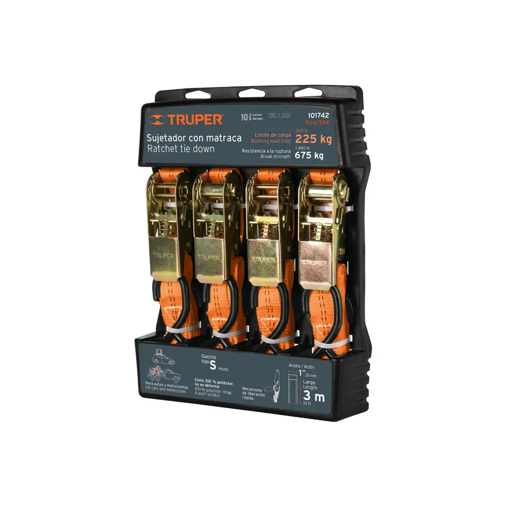 [101742] JUEGO DE 4 SUJETADORES CON RATCHET, MANERAL CON CUBIERTA DE PLASTICO , CARGA LIGERA 675 KG TRUPER