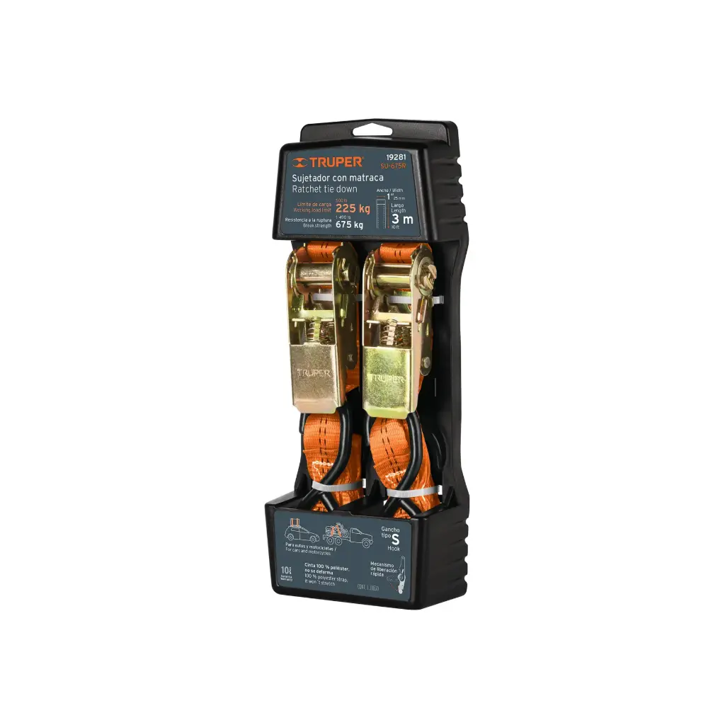 [19281] JUEGO DE 2 SUJETADORES CON RATCHET, MANERAL CON CUBIERTA DE PLASTICO , CARGA LIGERA 675 KG TRUPER