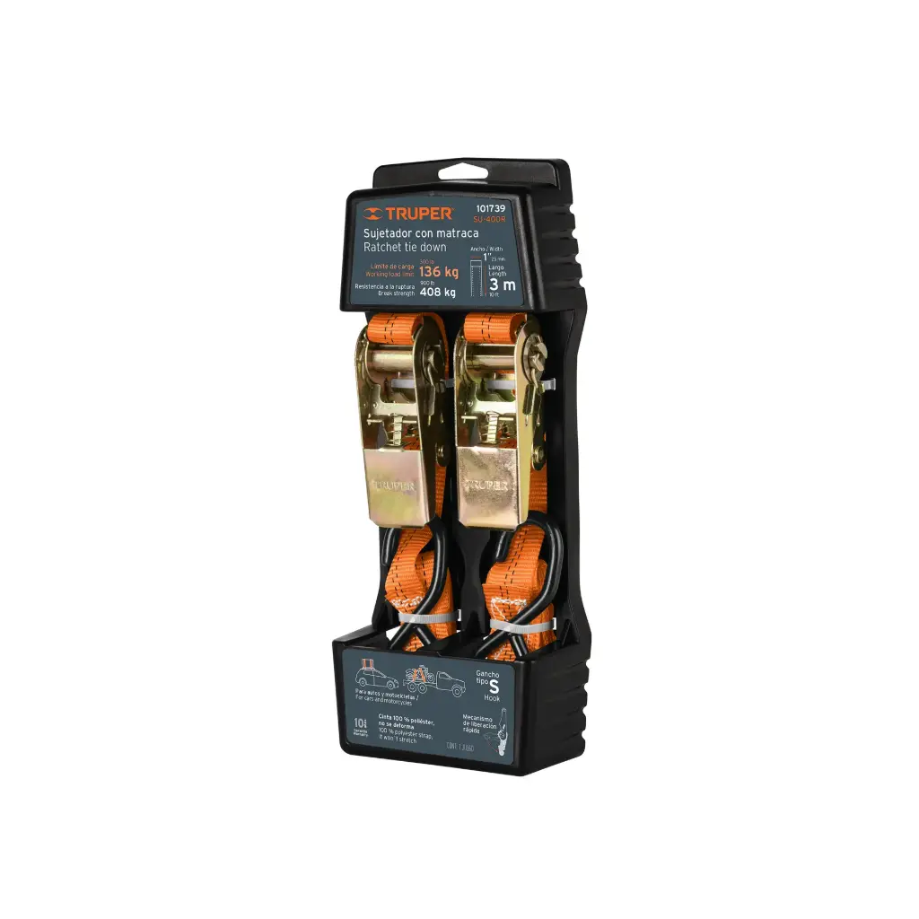 [101739] JUEGO DE 2 SUJETADORES CON RATCHET , MANERAL METALICO , CARGA LIJERA 408 KG TRUPER