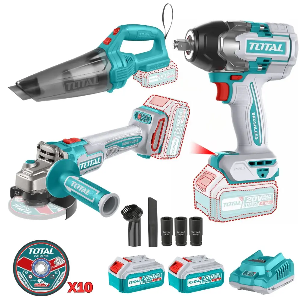LLAVE DE IMPACTO 850 NM + AMOLADORA 900 W + ASPIRADORA 20 V + 2 BATERÍAS 5 AH + CARGADOR TOTAL
