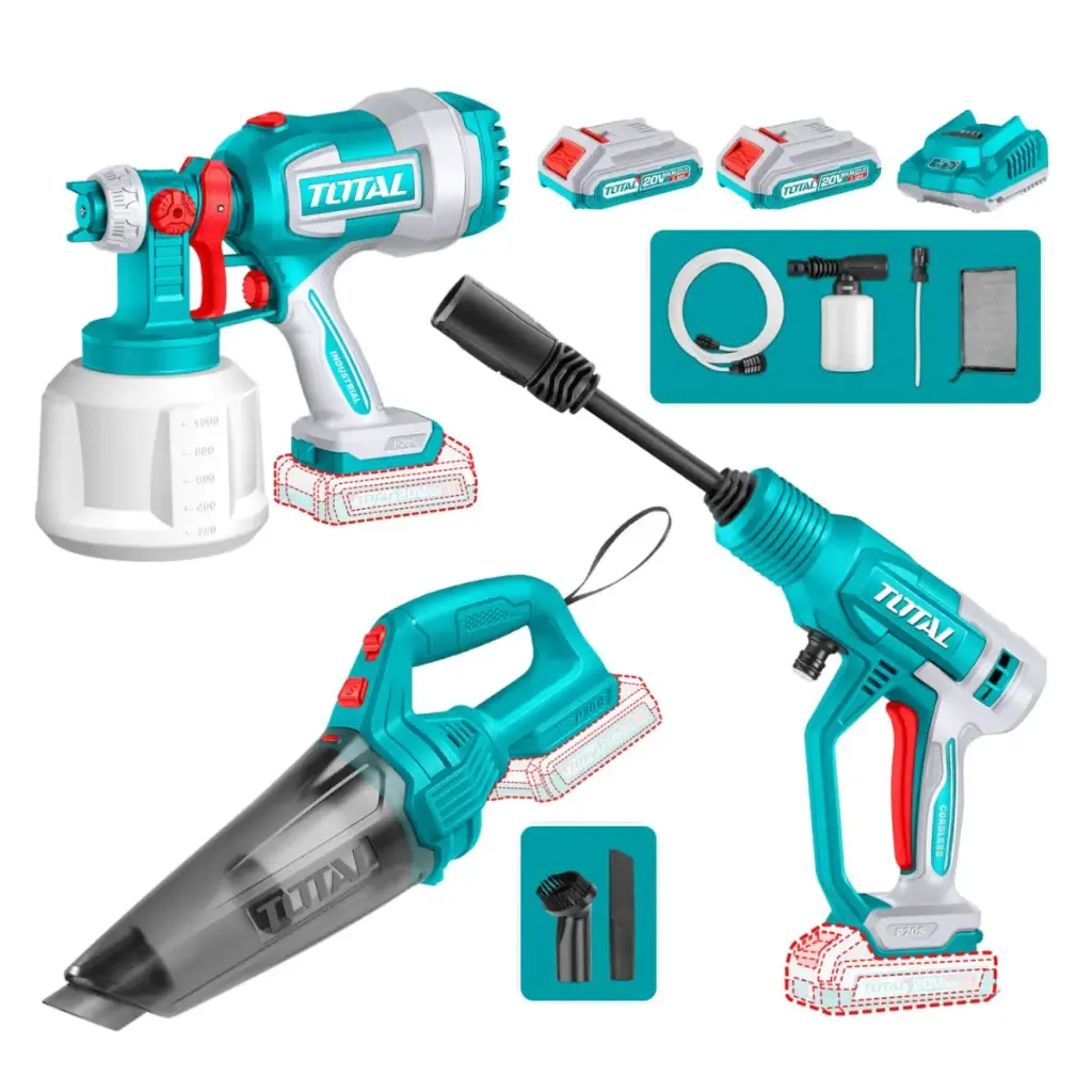 [TOSLI230522] PISTOLA PARA PINTAR 20 V + HIDROLAVADORA 20 V + ASPIRADORA 20 V + 02 BATERIAS DE 2 AH + CARGADOR + ACCESORIOS TOTAL