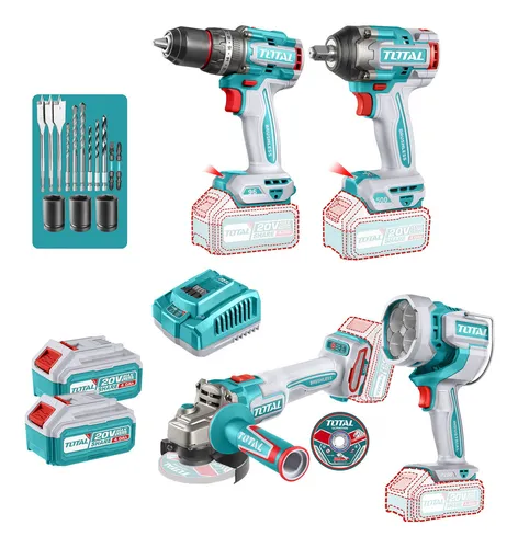 [TOSLI241292] MEGA COMBO TALADRO 96 NM + LLAVE DE IMPACTO 500 NM +  AMOLADORAS + LINTERNA 20V 