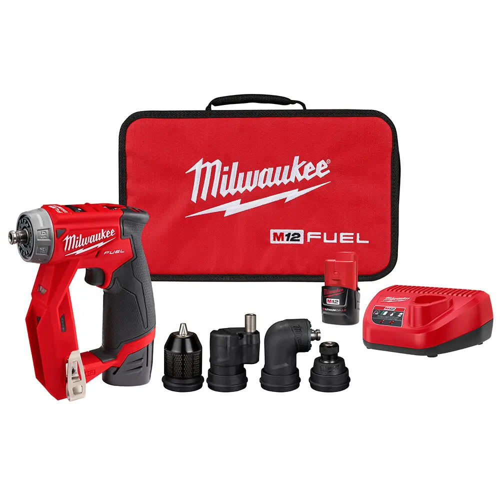 [2505-22] KIT DE TALADRO/DESTORNILLADOR DE INSTALACIÓN MILWAUKEE M12 4 EN 1 CARGADOR 2 BATERIAS M12 ESTUCHE ESCUADRA PERPENDICULAR TROQUEL CABEZAL 1/4 CHUCK 3/8
