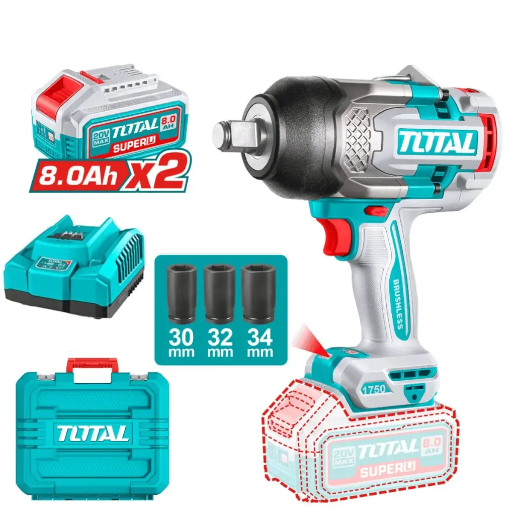 LLAVE DE IMPACTO 1750NM 3/4" BRUSHLESS 20V 2200BPM + 2 BATERIAS 8.0AH + CARGADOR 4.0A EN MALETA-TIWLI20175-TOTAL