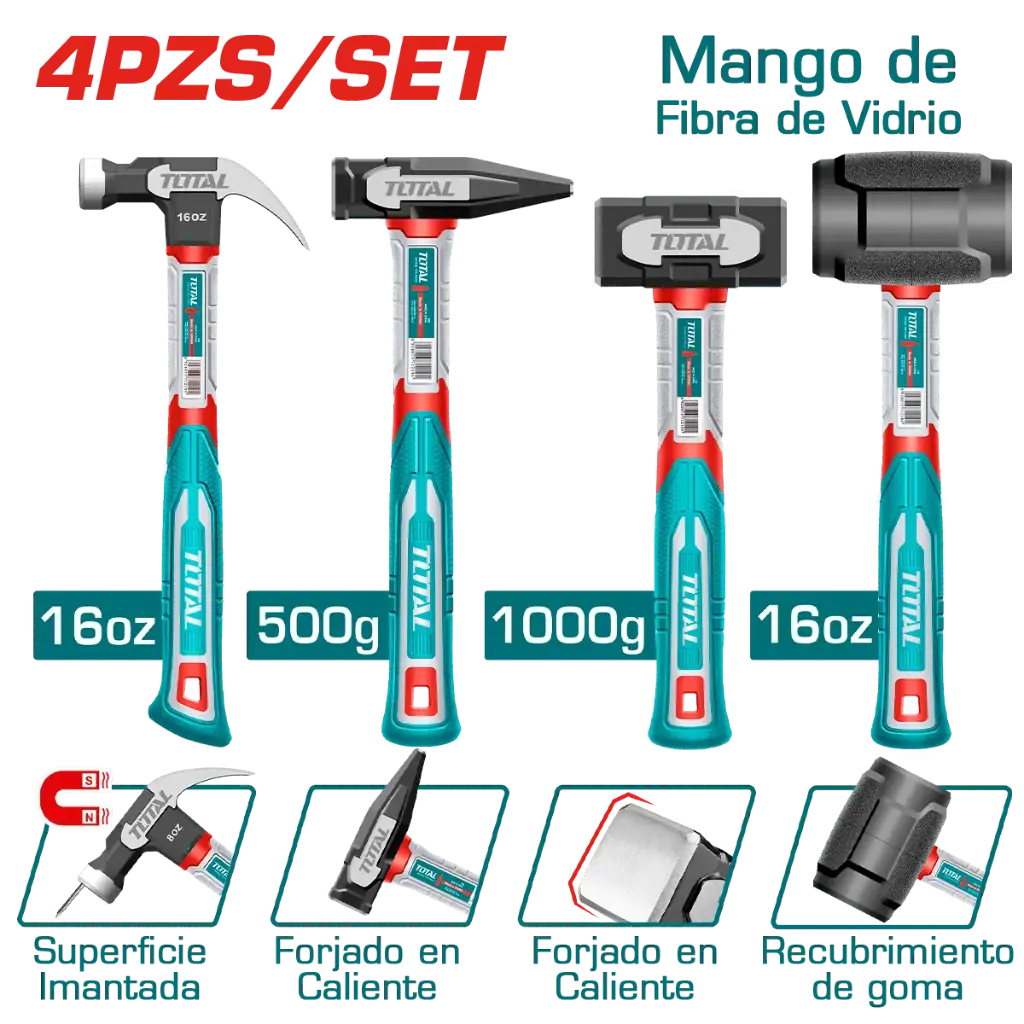 [THCH6004] COMBO MARTILLOS C/MANGO FIBRA VIDRIO: UÑA 16OZ + MECANICO 500G + ALBAÑIL 1000G + GOMA 16OZ 