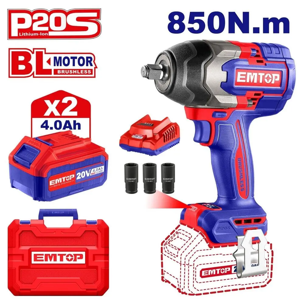 LLAVE DE IMPACTO 1/2 850NM + 2 BATERIAS 4AH + CARGADOR EN MALETA EMTOP