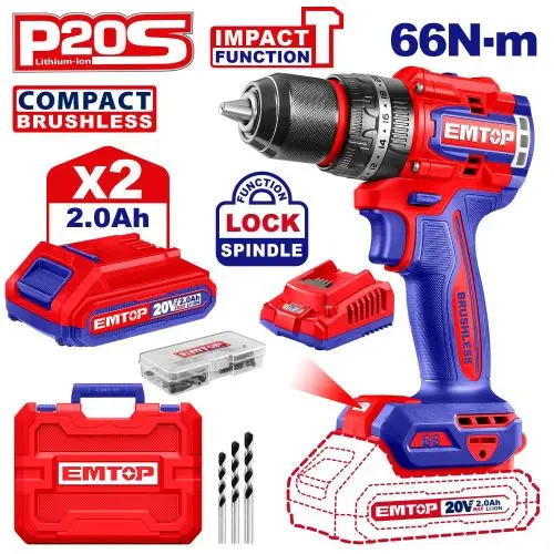 TALADRO PERCUTOR 1/2 66NM 20V BRUSHLESS + 2 BATERIAS DE 2AH + CARGADOR EN MALETA  EMTOP