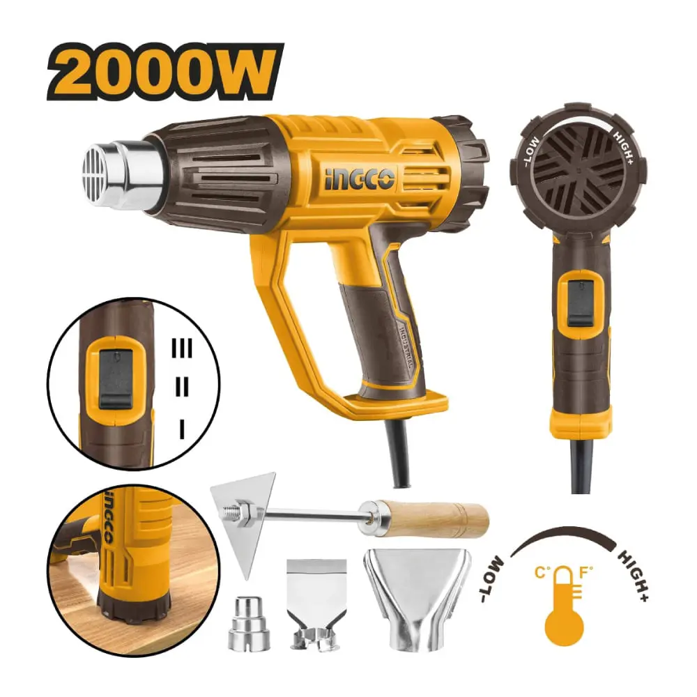 PISTOLA DE CALOR TEMPERATURA AJUSTABLE INGCO 2000W + 4 ACCESORIOS HG200047
