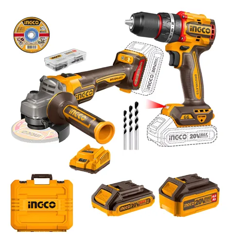 [CKLI20273] TALADRO PERCUTOR 66NM + ESMERIL ANGULAR 4 1/2" 20V BRUSHLESS INGCO