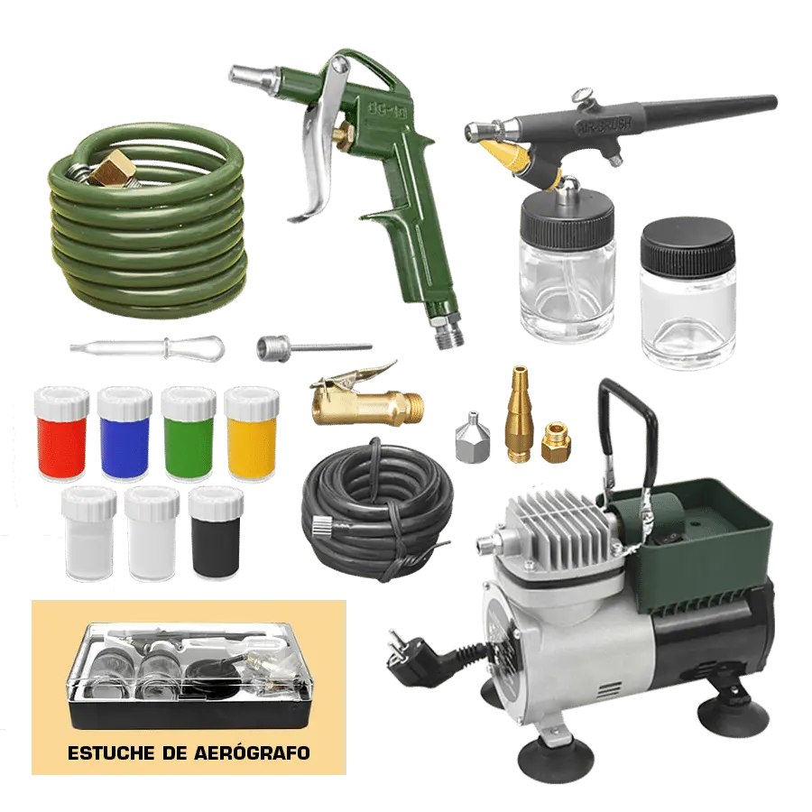 [666-B] MINI COMPRESORA CON AERÓGRAFOS KIT COMPLETO