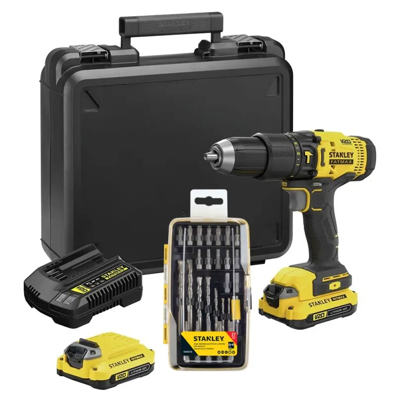 TALADRO PERCUTOR 1/2 20V + 1 BATERIAS 2AH + CARGADOR + 27 ACCESORIOS STANLEY