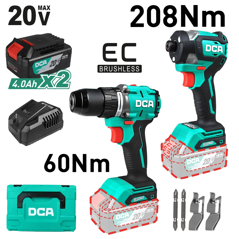 [ADKIT26-EK] COMBO TALADRO PERCUTOR 1/2 + ATORNILLADOR DE IMPACTO 1/4 20V BRUSHLEES + 2 BATERIAS DE 4 AH + CARGADOR DCA