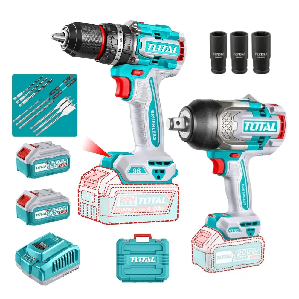 TALADRO PERCUTOR 96NM BRUSHELSS 20V  + ATORNILADOR DE IMPACTO 285NM + 2 BATERIAS DE 4AH + 1 CARGADOR 4AH + ACCESORIOS EN MALETA TOTAL
