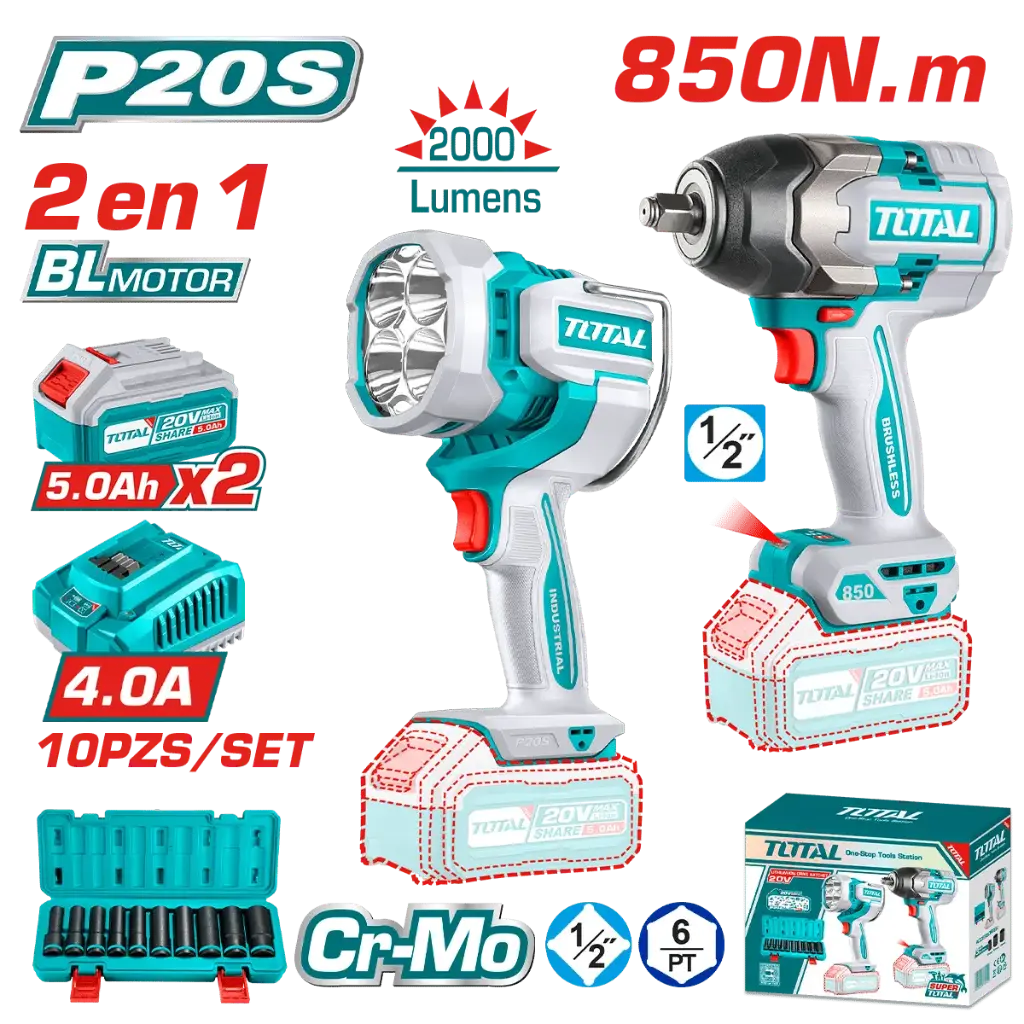 [TOSLI241195] COMBO LLAVE DE IMPACTO 1/2 850NM + LLAVE DE IMPACTO 1/2 400NM + LAMPARA 3.6V 300L + DADOS DE IMPACTO + 1 BATERIA 4AH + 1 BATERIA 2 AH + CARGADOR TOTAL 