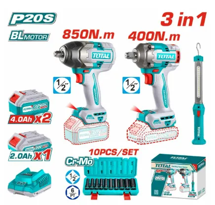 [TOSLI241195] COMBO LLAVE DE IMPACTO 1/2 850NM + LLAVE DE IMPACTO 1/2 400NM + LAMPARA 3.6V 300L + DADOS DE IMPACTO + 1 BATERIA 4AH + 1 BATERIA 2 AH + CARGADOR-TOSLI241195-TOTAL