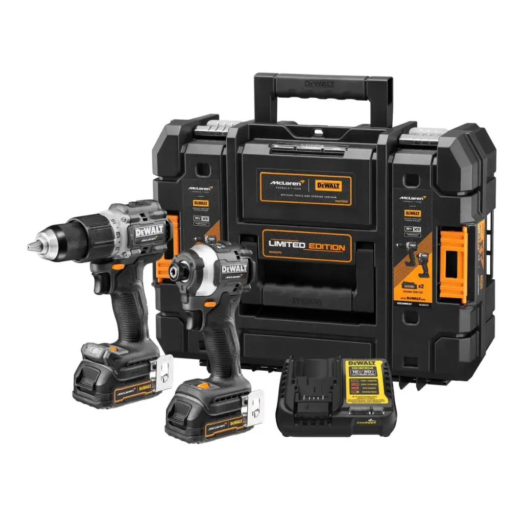 KIT MCLAREN TALADRO PERCUTOR 1/2'' + ATORNILLADOR DE IMPACTO 1/4'' + 2 BATERIAS 1.7AH y CARGADOR DEWALT