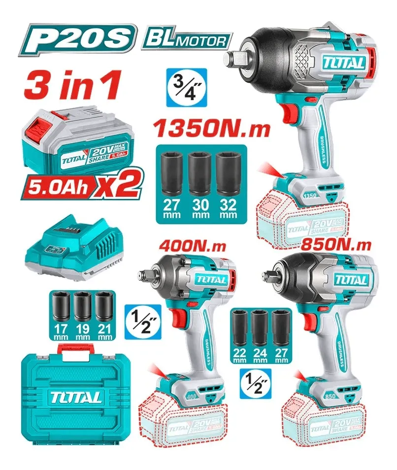 [TOSLI250386] SUPER COMBO LLAVES DE IMPACTO 1350NM + 850NM+450NM+2 BATERIAS DE 5 AMP+CARGADOR 20V-TOSLI250386-TOTAL